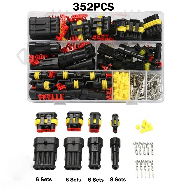 A box containing 352 pieces of waterproof automotive electrical connectors in black, red, and yellow.