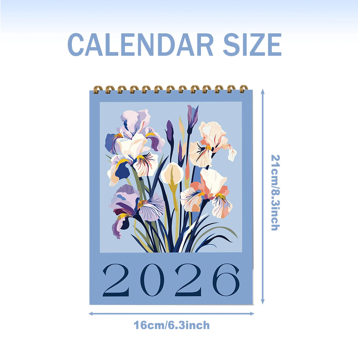 A blue desk calendar for 2026 featuring a floral design and monthly planner layout.