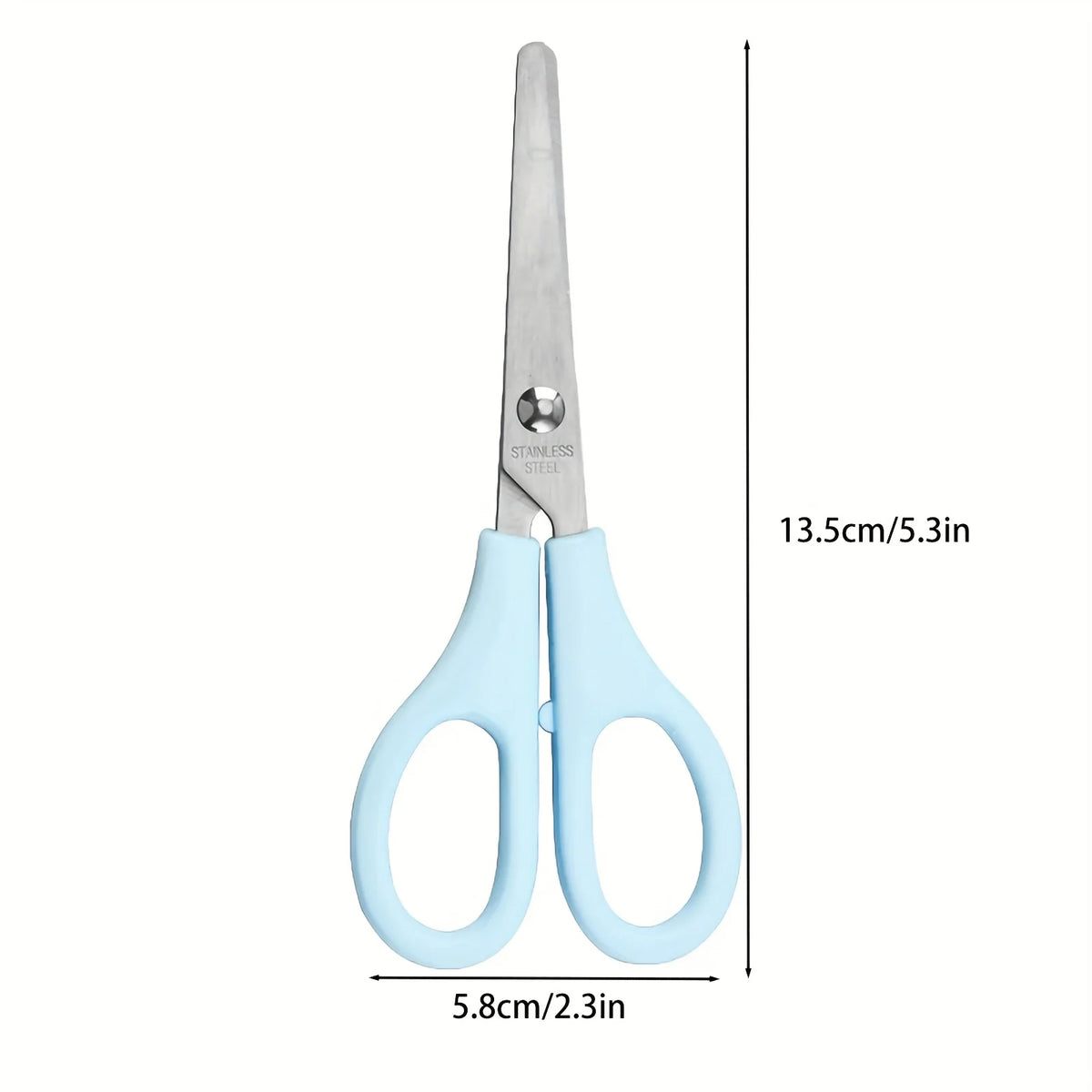 A pair of light blue precision stainless steel scissors shown vertically with dimensions 13.5cm long and 5.8cm wide.