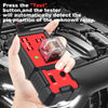 A hand holds a red and black car relay tester device, demonstrating how to test the pin position of an unknown relay.