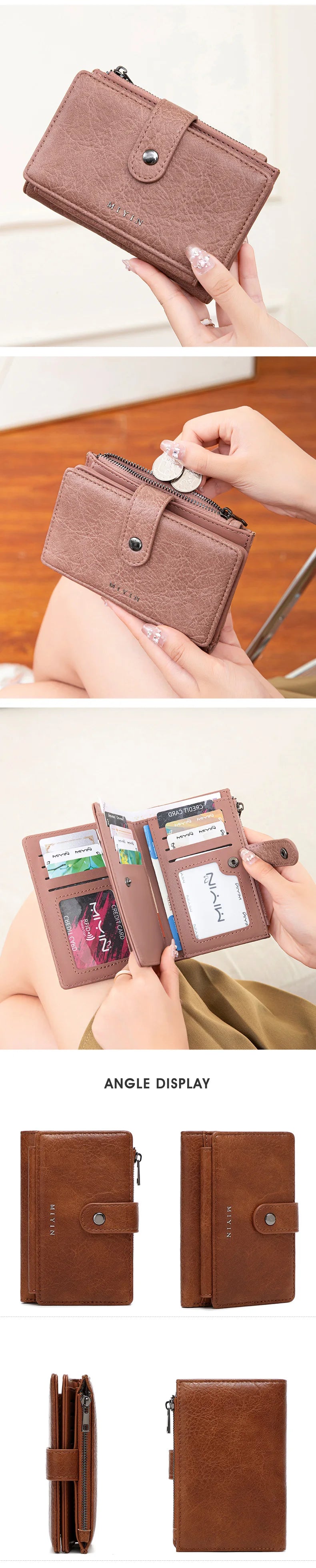 Portefeuille bi-pliable en cuir marron anti-RFID, montré sous différents angles et dans les mains.