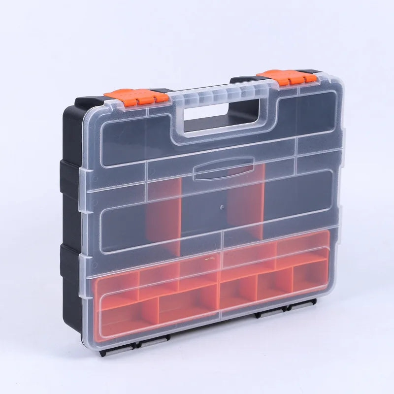 A clear plastic tool box organizer with black and orange accents, featuring multiple compartments for tools.