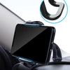 A black smartphone is mounted on a universal car phone mount, shown with an inset detail of the rotating clamp.