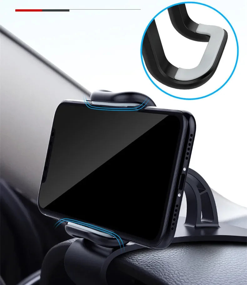 A black smartphone is mounted on a universal car phone mount, shown with an inset detail of the rotating clamp.