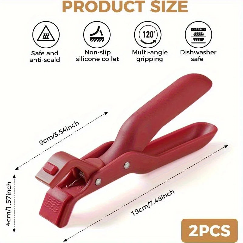 Two red silicone clips used for gripping bowls and plates, featuring anti-scald and multi-angle features.