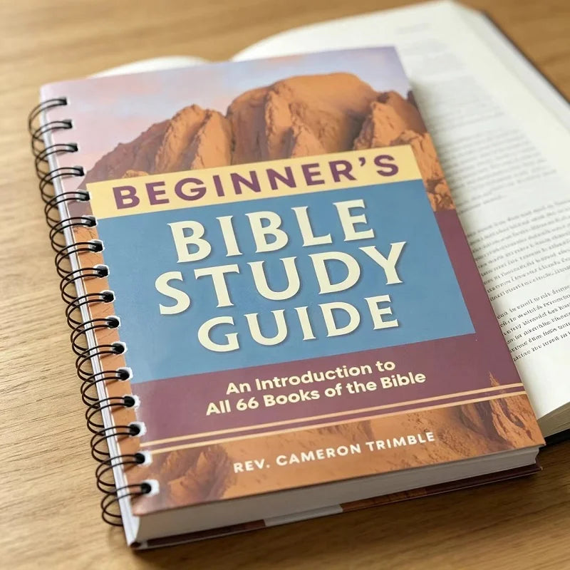 A spiral-bound guide titled Beginner's Bible Study Guide for an introduction to all 66 books of the Bible by Rev. Cameron Tri