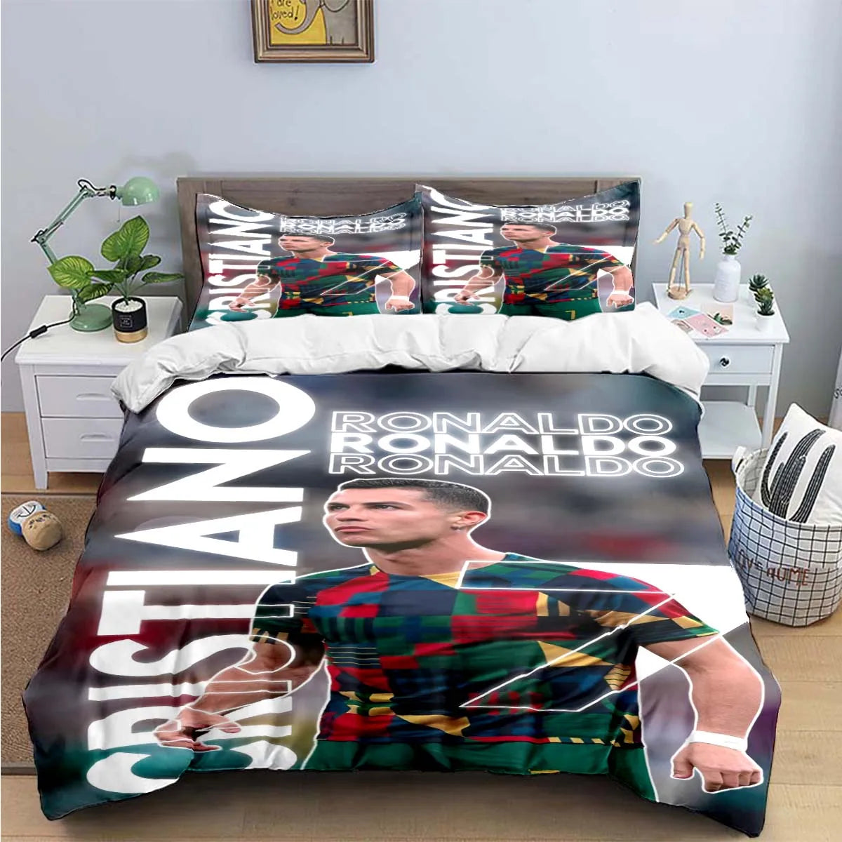 A large duvet cover featuring a realistic portrait of Cristiano Ronaldo in a soccer jersey.