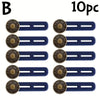 Ten pairs of adjustable metal jeans button extenders in gold and blue for widening waistbands