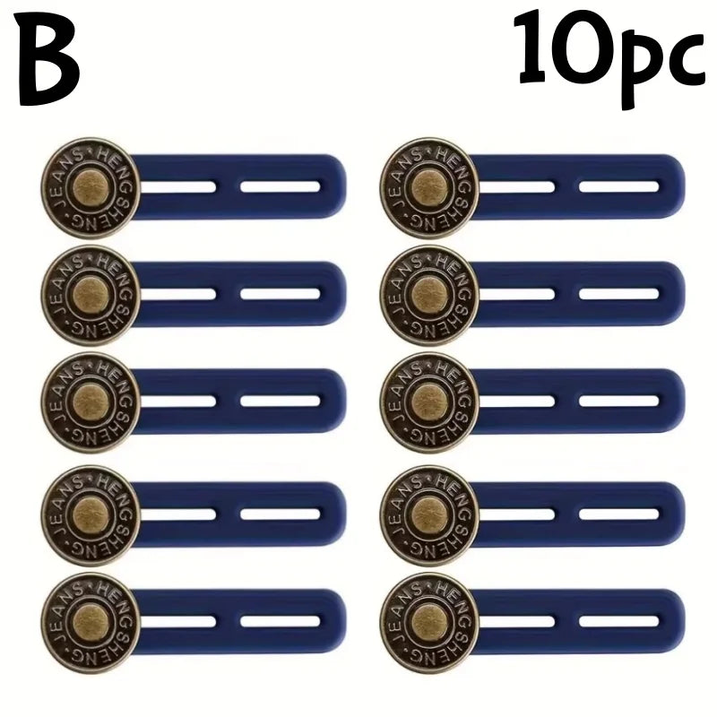 Ten pairs of adjustable metal jeans button extenders in gold and blue for widening waistbands