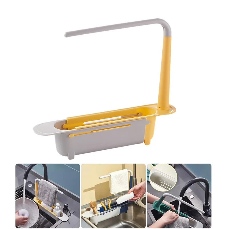 A yellow and gray adjustable sink sponge holder with a drainer basket shown in various usage contexts.
