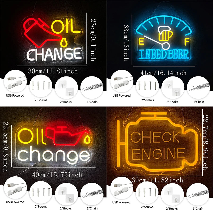 Neon sign displaying Oil Change text and instructions for a garage or man cave decor