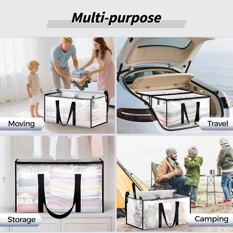 Multi-purpose heavy-duty bags for moving, travel, storage, and camping with clear lids and reinforced handles