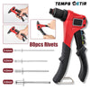 A red TEMPS DETIR manual rivet gun kit showing four interchangeable rivet heads and 80 rivets.