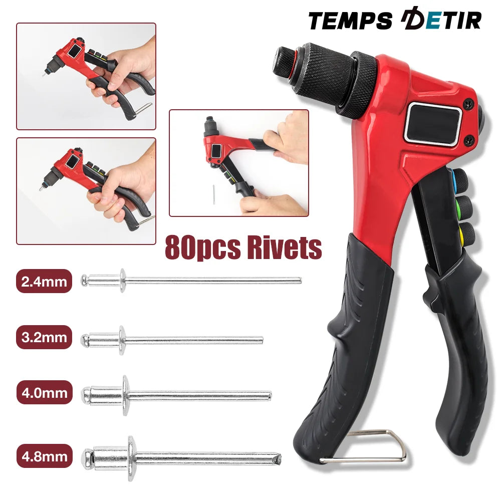 A red TEMPS DETIR manual rivet gun kit showing four interchangeable rivet heads and 80 rivets.