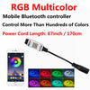 A mobile Bluetooth controller and various colored LED lights demonstrating multicolor control.