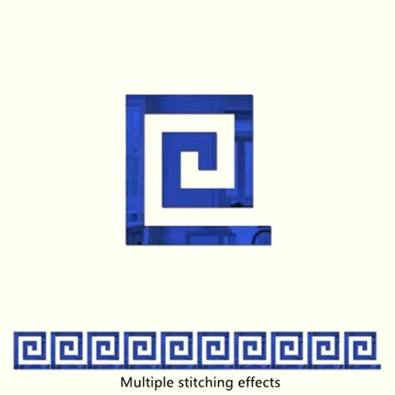 Blue acrylic mirror wall stickers featuring a decorative labyrinth pattern.