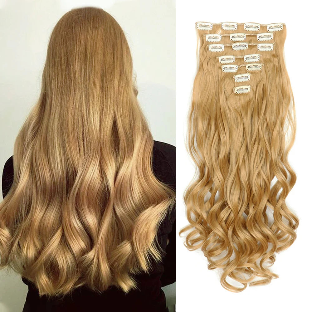 A set of seven 22-inch curly wavy clip-in hair extensions in a light blonde color displayed on a hanger.