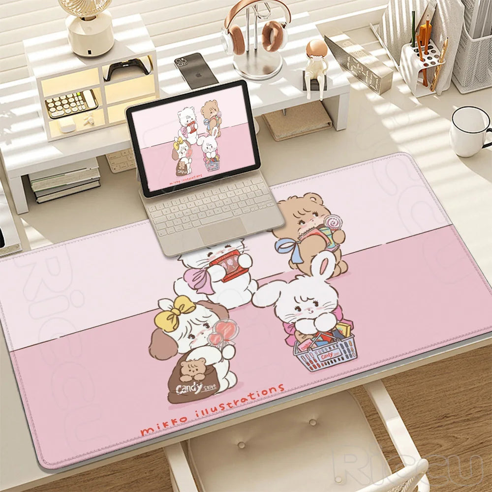 Kawaii cartoon illustrations desk mat featuring cute bear and rabbit characters on a pink background