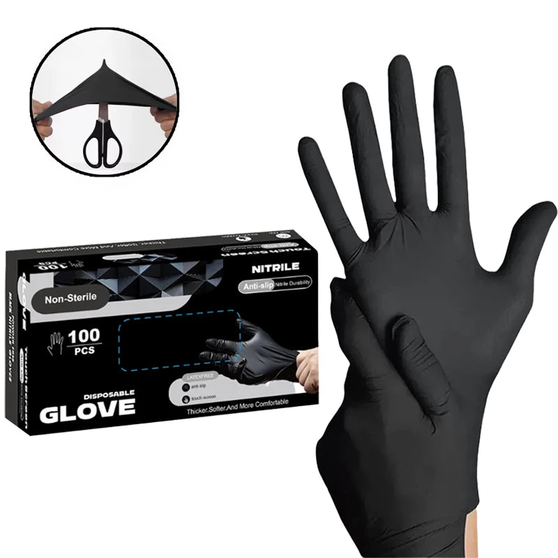 A black disposable nitrile glove is shown alongside a package and a diagram illustrating its use.