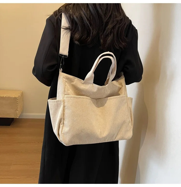 Multi-Pocket Corduroy Tote Bag – Large Capacity Casual Satchel for Travel, Work & Commute