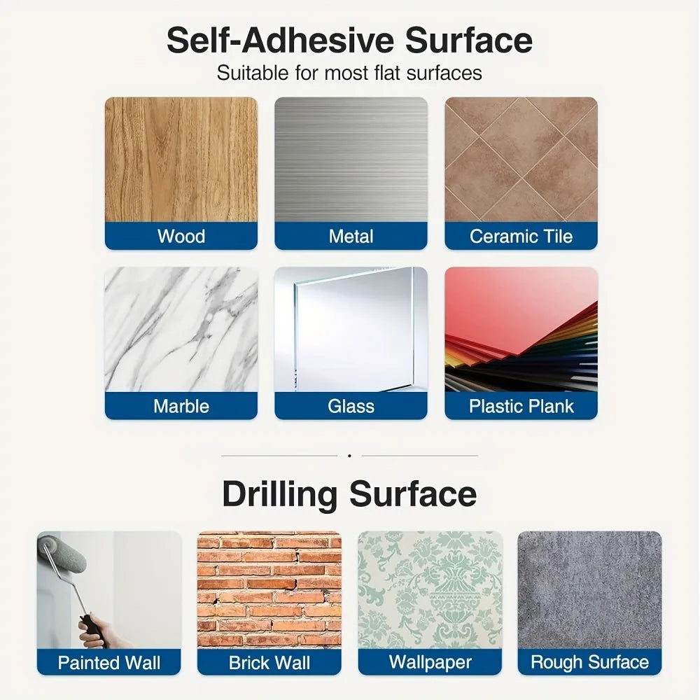 Various self-adhesive surfaces and drilling surfaces for various materials like wood, metal, marble, glass, and brick.