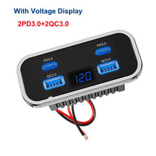 A black electronic device with a voltage display showing 12.0, featuring multiple ports for PD 3.0 and QC 3.0 fast charging.