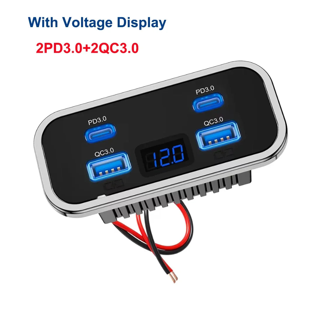 A black electronic device with a voltage display showing 12.0, featuring multiple ports for PD 3.0 and QC 3.0 fast charging.