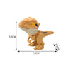A light tan plastic dinosaur toy, resembling a Triceratops or Tyrannosaurus, shown from the side with dimensions marked.