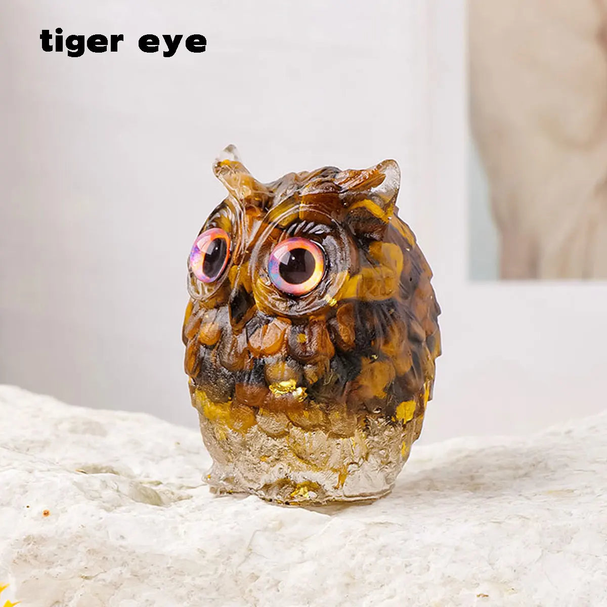Handcrafted crystal owl figurine resin desk decor with a natural crushed stone finish