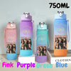 A set of three 750ml portable sports water bottles in pink, purple, green, and blue colors.