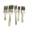 A set of five paint brushes with light wooden handles and metal ferrules for interior and exterior projects.