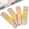 A pack of adhesive bandages showing beige and yellow bandages on a white background.