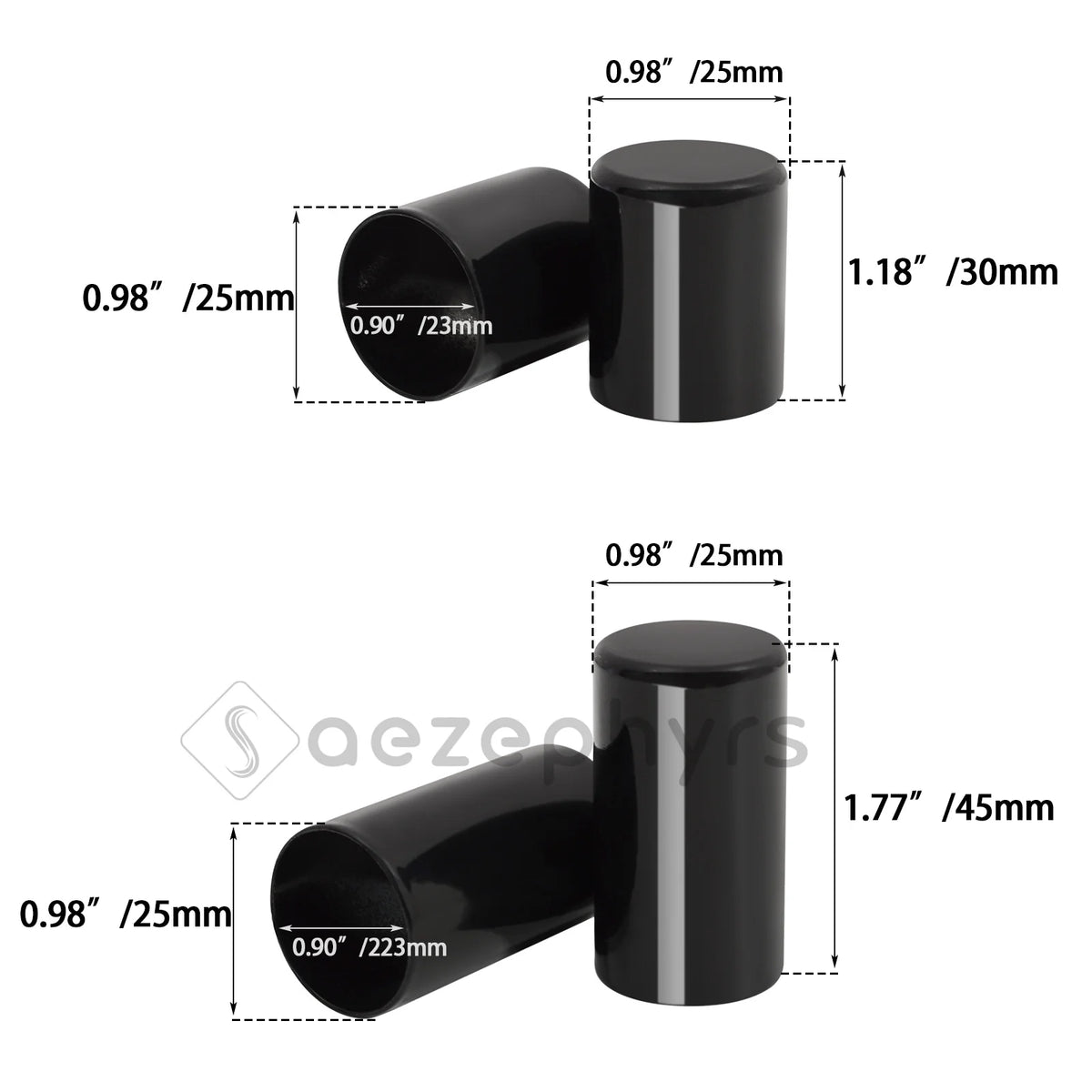 Black magnetic docking hardware cover kit showing various sizes of cylindrical components with dimensions.