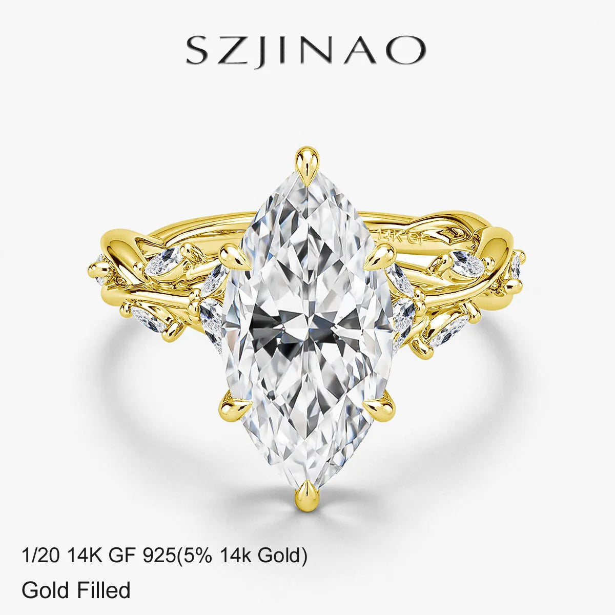 A gold filled engagement ring featuring a clear diamond-cut moissanite stone set in 14K gold.