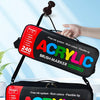 Ein schwarzes Acryl-Marker-Set, gezeigt in zwei Modi: eines mit Tragegurt und eines als kompakte Tasche.