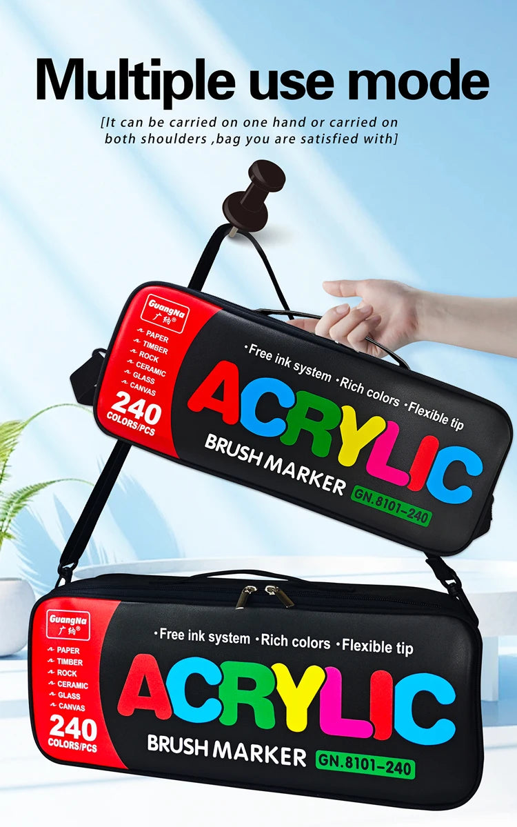 Ein schwarzes Acryl-Marker-Set, gezeigt in zwei Modi: eines mit Tragegurt und eines als kompakte Tasche.