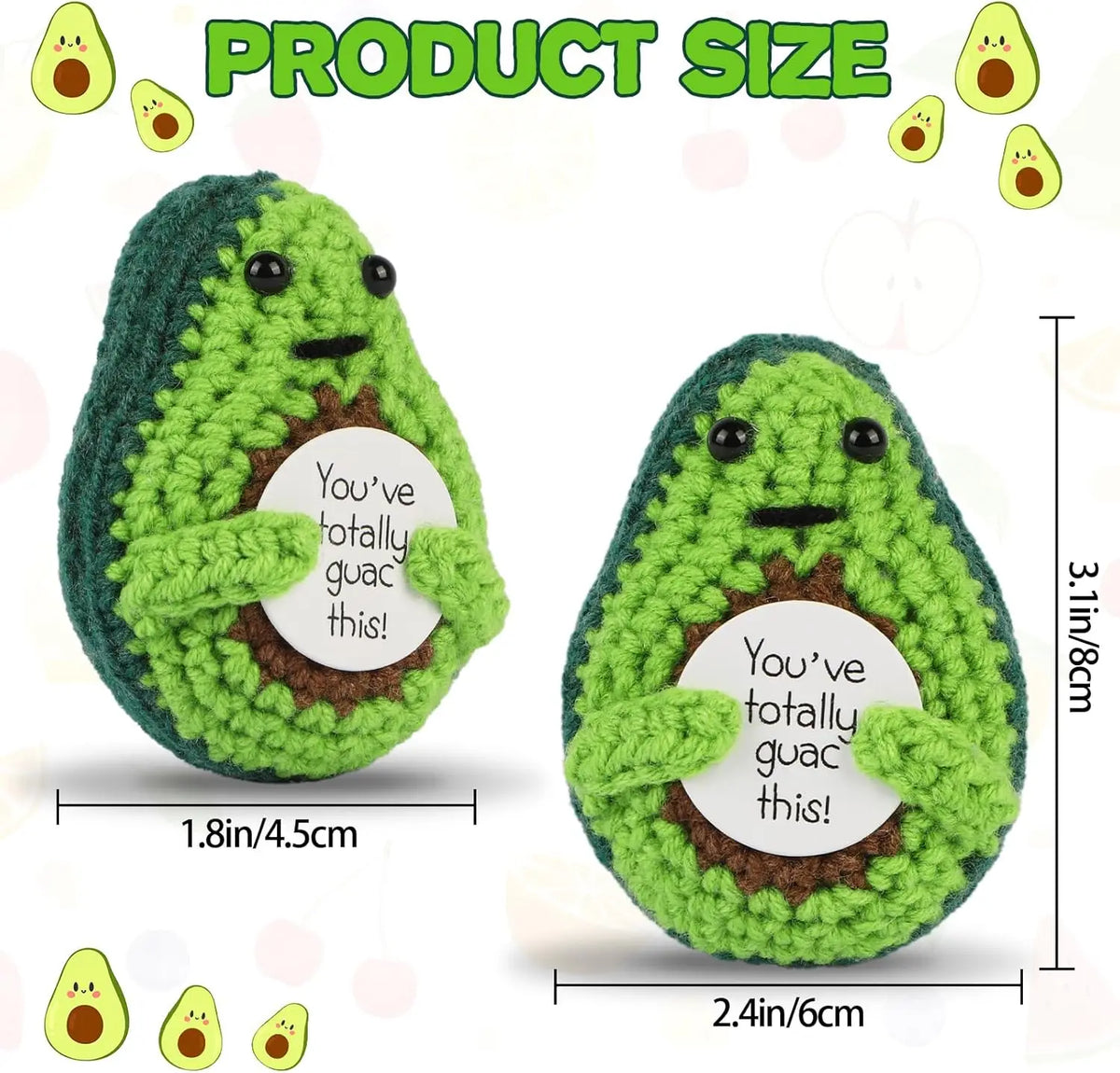 A handmade crochet avocado-shaped pocket hug doll in green and brown yarn, shown from the side.