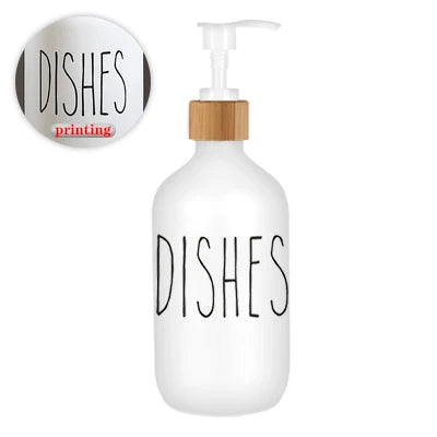 White refillable soap dispenser bottle with black text reading DISHES