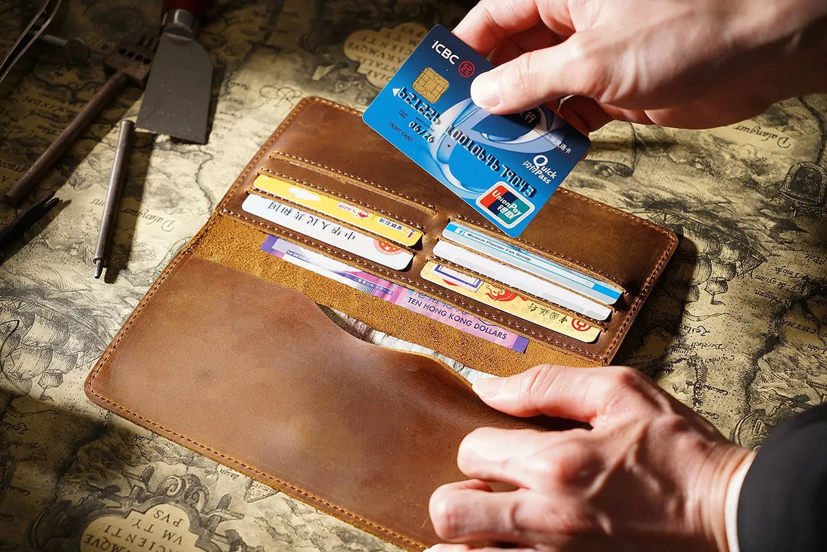 Vintage Leather Long Bifold Wallet with Snap Closure