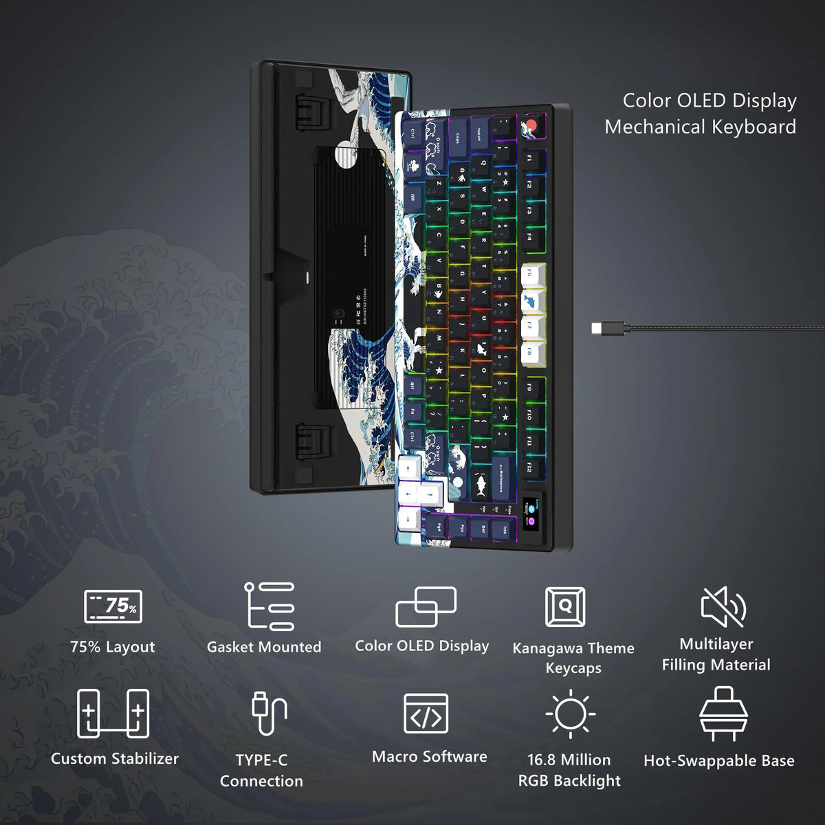 A compact mechanical keyboard featuring a color OLED display, custom stabilizer, Type-C connection, and hot-swappable switche