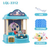 A blue claw machine toy for kids featuring lights, music, and coin slots.