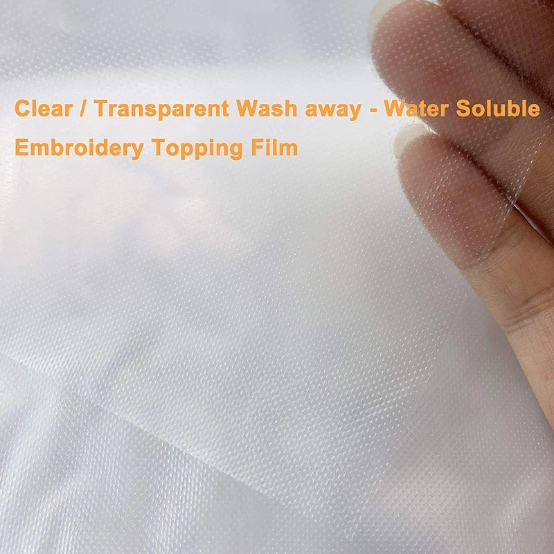 A roll of clear, transparent, water-soluble embroidery topping film being held by a hand.