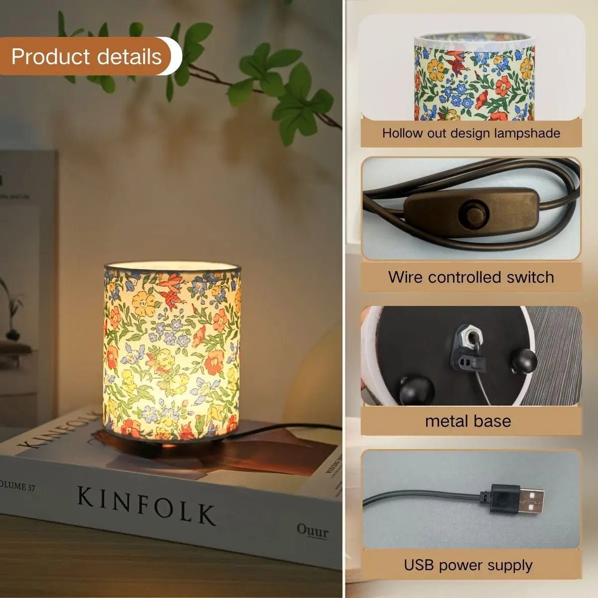 A printed fabric desk lamp with a warm glow, featuring a metal base and wire controlled switch.