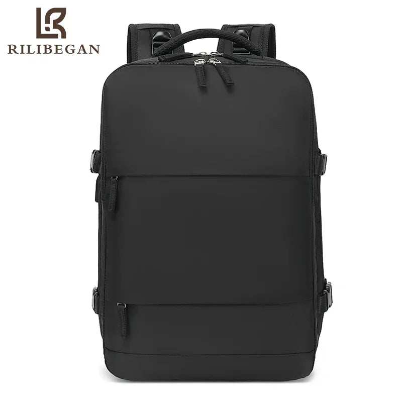 A black durable nylon travel laptop backpack with multiple compartments.