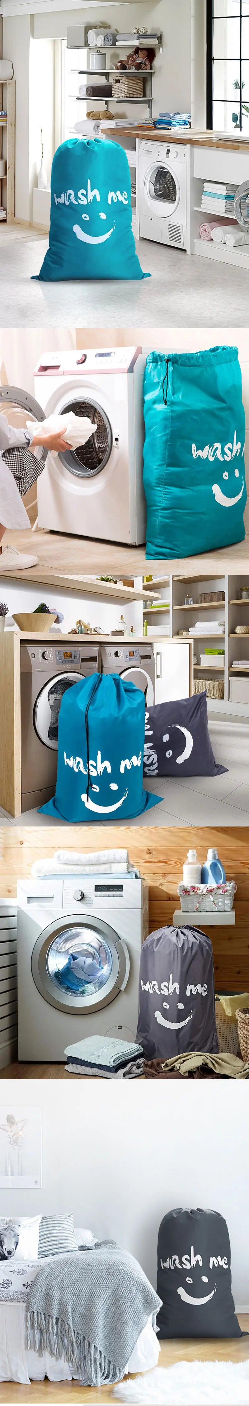 A collection of large drawstring laundry bags in various colors and designs, including teal, blue, and black, used for laundr