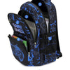 A navy blue and black backpack set featuring multiple zippered compartments for school supplies.