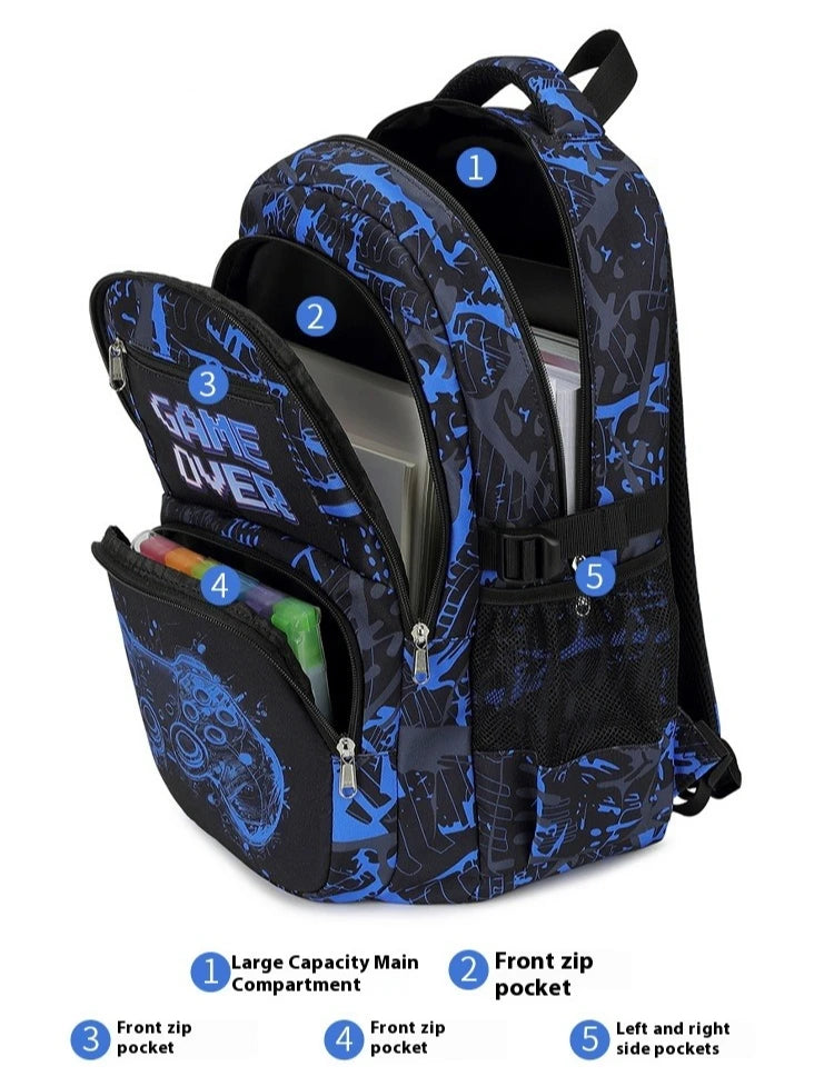 A navy blue and black backpack set featuring multiple zippered compartments for school supplies.