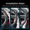 Three steps showing how to install a carbon fiber texture steering wheel cover on a car