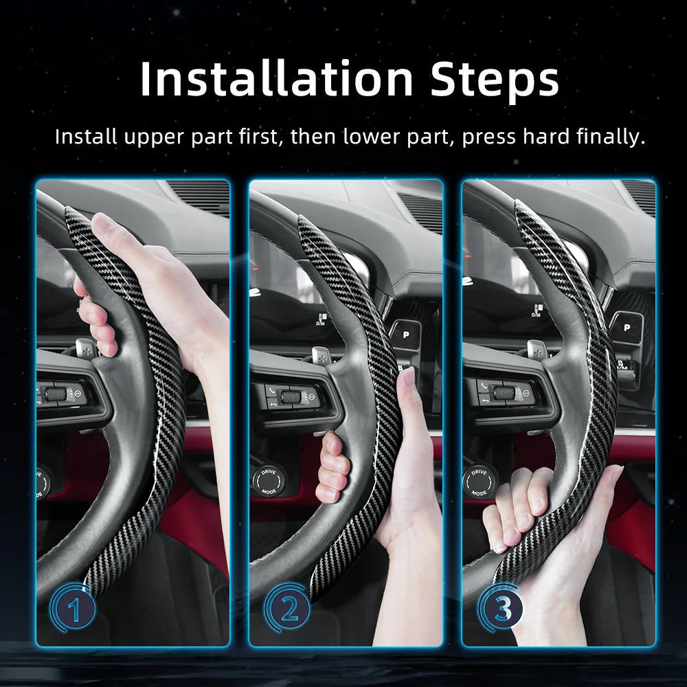 Three steps showing how to install a carbon fiber texture steering wheel cover on a car