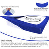 Blue stretch fabric wrap-around box spring cover designed to fit mattresses from 8 to 14 inches deep.
